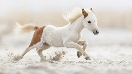 Miniature White and Brown Pony Running on Sandy Beach