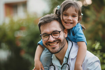A smiling male doctor carrying a happy young girl on his shoulders. Represents trust, care, pediatrics, and positive relationships in medicine. Suitable for themes of child health,
