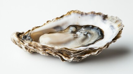 A gourmet oyster on a half shell, showing intricate details of its rough exterior and soft interior, against a white background.