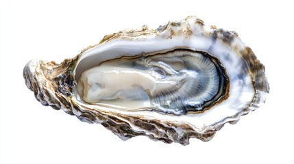 A gourmet oyster on a half shell, showing intricate details of its rough exterior and soft interior, against a white background.