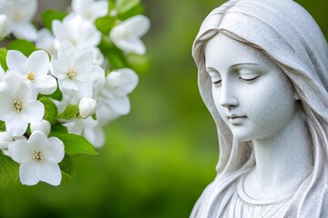 Angel statue at the cemetery, with white flowers on blurry green background, copy space for text, funeral concept