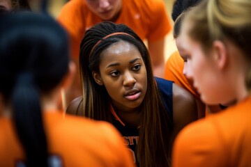 Female basketball team in a huddle