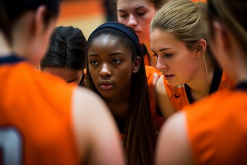 Female basketball team in a huddle