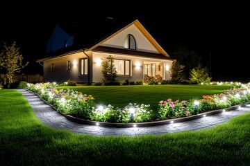 a beautifully lit outdoor garden with landscape lighting highlighting the pathways and plants