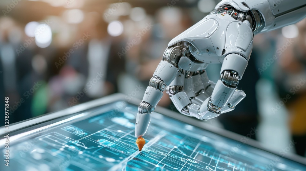 Poster a robotic hand meticulously setting a goal marker on a vast, futuristic digital landscape, showcasin