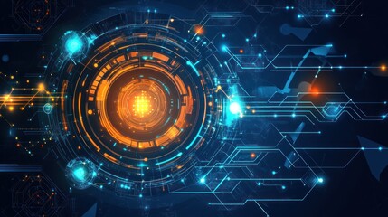 Abstract technology background with glowing orange and blue circuits.