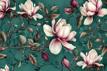 Beautiful watercolor design of white magnolia blooms and leaves.