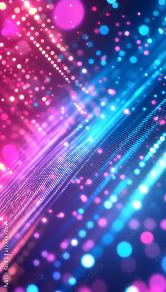 Poster abstract pink and blue illuminated lines with bokeh effect