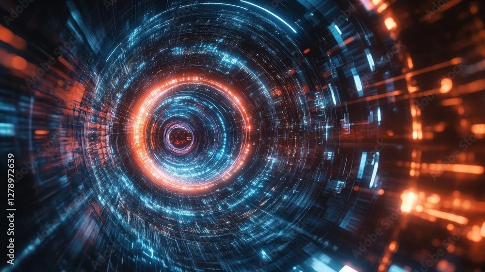 Poster futuristic time portal with glowing energy vortex and digital interface elements in high-tech enviro