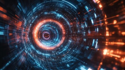 Fototapeta premium Futuristic Time Portal with Glowing Energy Vortex and Digital Interface Elements in High-Tech Environment