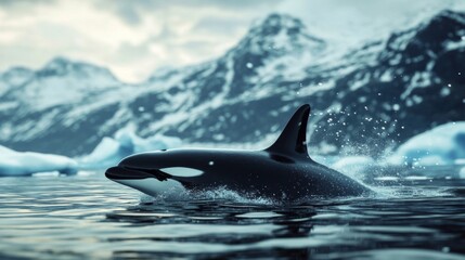 Obraz premium Orca Swimming in Icy Arctic Waters near Snowy Mountains