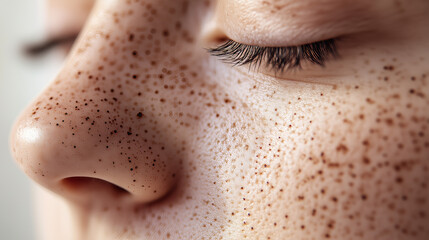 Fototapeta premium Freckled Beauty: A close-up shot captures the unique beauty of skin adorned with freckles, highlighting natural features and individuality.