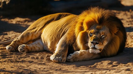 Naklejka premium Majestic Lion Resting On Sand, Warm Light.