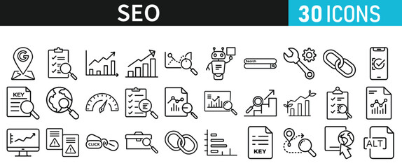 SEO icon set for web. Search Engine Optimization. Graph, traffic, optimization, analysis, target. Search Engine, chart and Marketing icons for web and mobile app.