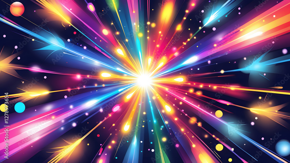 Poster exploding colors: a vivid illustration showcasing a radiant, central light source unleashing a spect