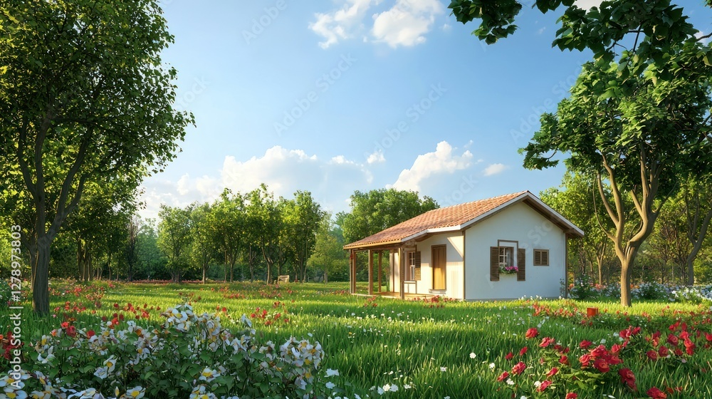 Poster a small 3d cottage surrounded by trees and flowers in a rural setting.