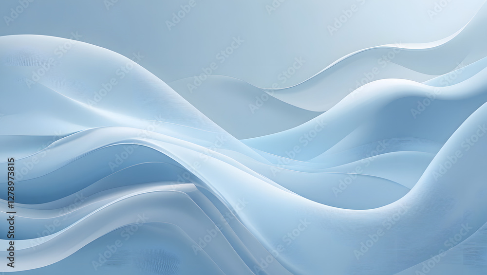 Poster serene fluidity: an abstract, ethereal representation of flowing fabric in shades of blue and white,