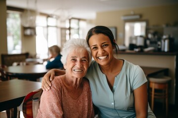 Obraz premium Portrait of a senior woman and her caretaker in nursing home