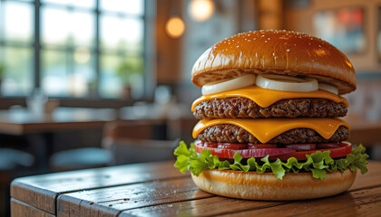 Mouth-Watering Cheeseburger Close-Up - Sesame Bun, Cheddar, Tomato, Pickles, Lettuce - Perfect for Food Ads

