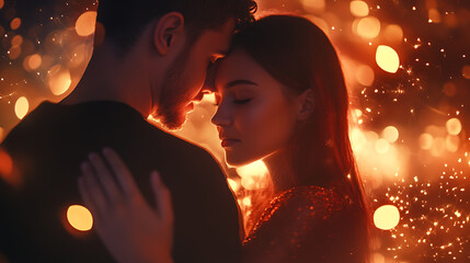 A tender moment where one person places a comforting hand on another’s shoulder, with soft, glowing particles visualizing emotional connection 