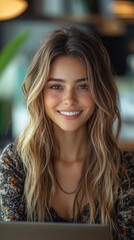 Fototapeta premium Smiling Female Customer Support Representative Working on Laptop