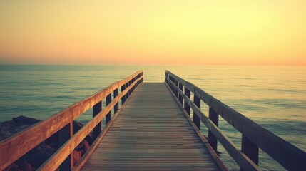 Fototapeta premium A long wooden pier stretching out to the calm sea, with the horizon blending into a soft orange sunset sky.
