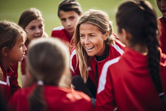 Female soccer coach in huddle talking to team