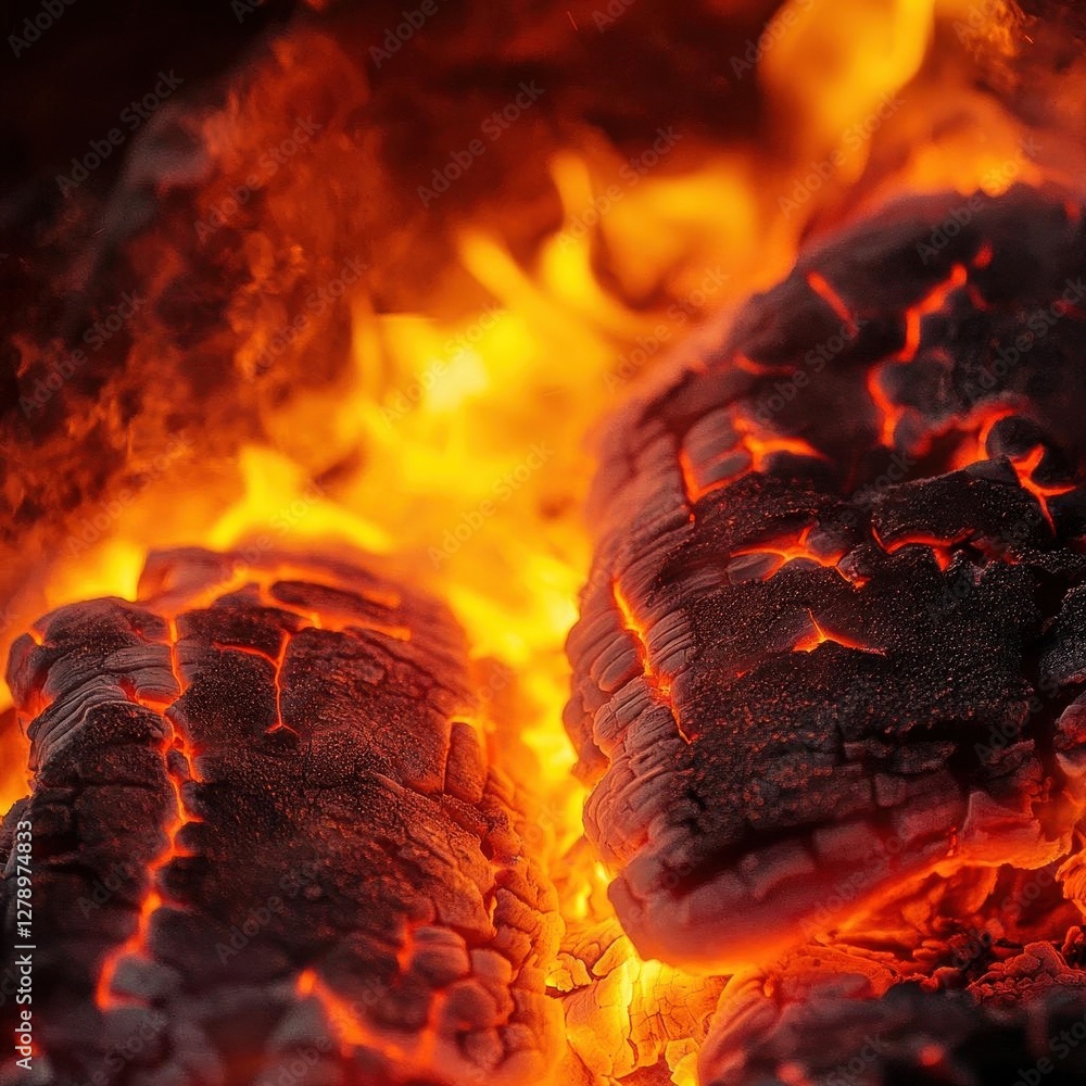 Poster intense close-up of a luminous flame with dynamic embers and rich warmth captured in high definition