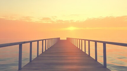 Obraz premium A long wooden pier stretching out to the calm sea, with the horizon blending into a soft orange sunset sky.