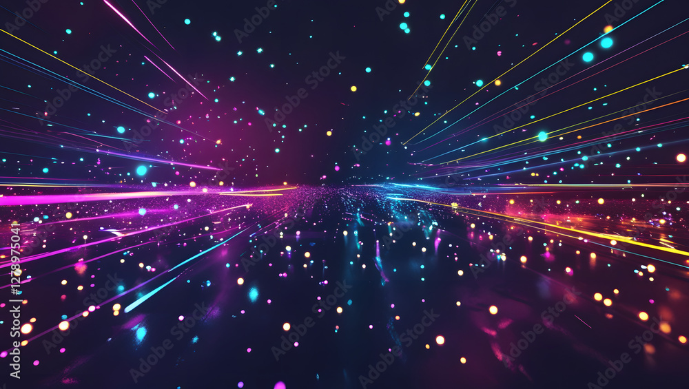 Poster cosmic burst of data: an abstract, energetic display of colorful lines and particles, suggesting dat