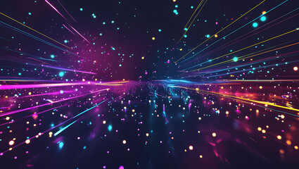 Naklejka premium Cosmic Burst of Data: An abstract, energetic display of colorful lines and particles, suggesting data streams and futuristic technology.