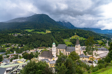 Aerial panorama view of the old town of Berchtesgaden with the Parish church St. Andreas and...
