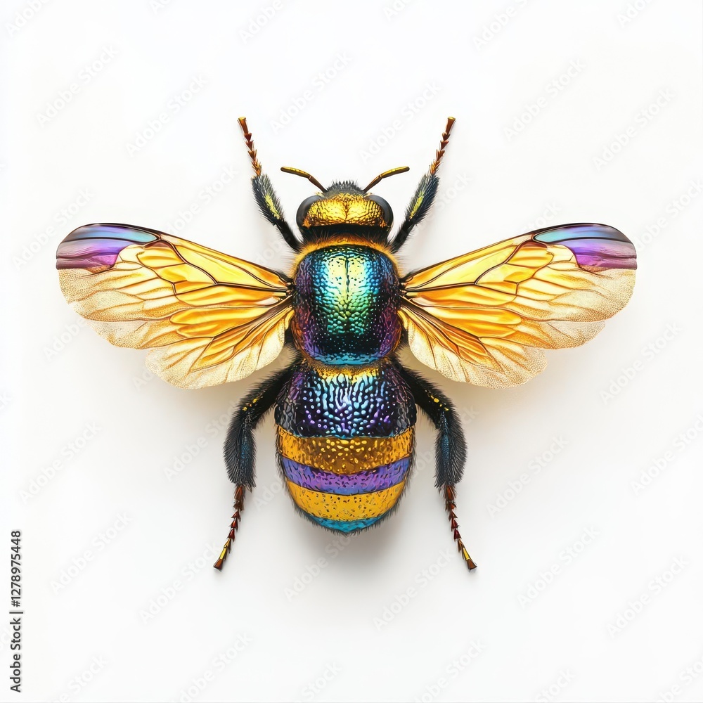 Poster intricate macro capture of a lively bee with detailed wing structure and natural patterns on a crisp