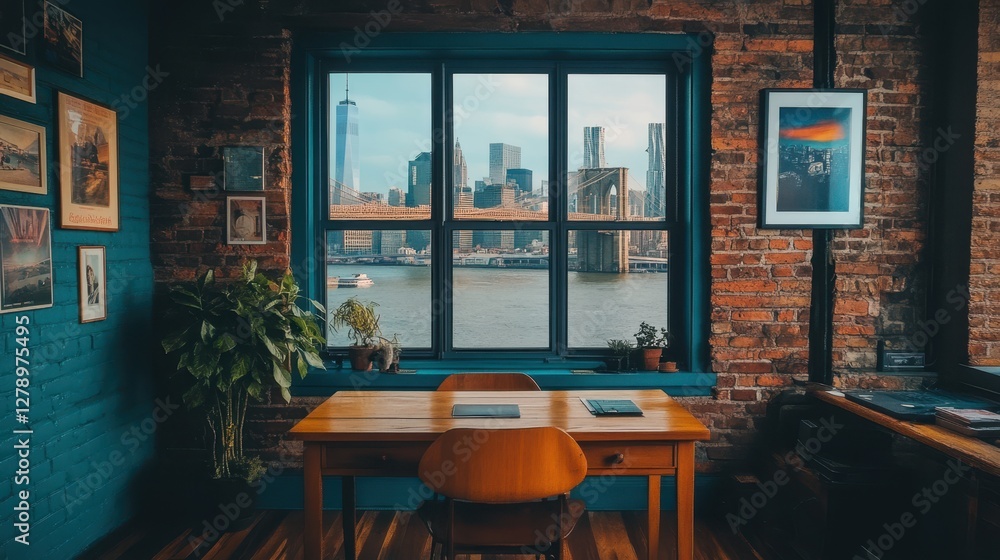 Poster a room features a desk, chair, and window, creating a workspace that blends functionality and natura