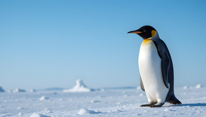 Fototapeta premium Emperor Penguin on Snowy Terrain - Pristine Ice Formations in Background - Wildlife in Antarctica