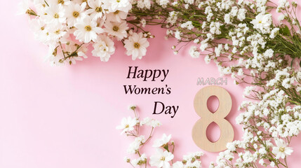 Happy Women's Day on a Pink Pastel Background with White Flowers, March 8 Text and Wooden Numbers, Celebrating Feminine Elegance
