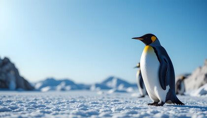 Fototapeta premium Standing Emperor Penguin in Polar Habitat - Clear Blue Sky and Snowy Ground - Nature Photography