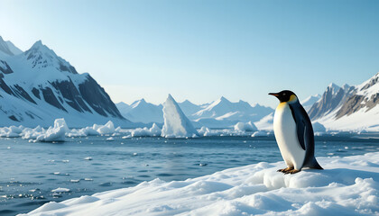 Penguin on Icy Floe - Snow-Covered Mountains and Calm Water Background - Antarctic Wildlife Beauty

