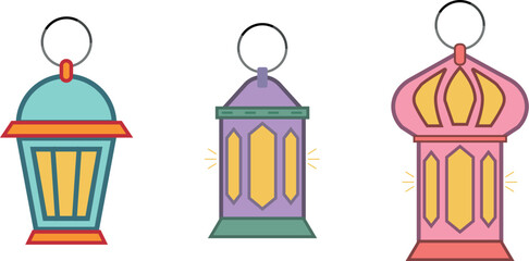 Ramadan lanterns set of 3 in simple design style- cartoon comic. Purple, pink and blue graphic design elements