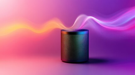 A minimalist image of a speaker with colorful sound waves rippling through the air.