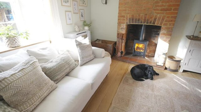 A dog is laying on a rug in front of a fireplace. The room is cozy and inviting, with a couch and a TV in the background