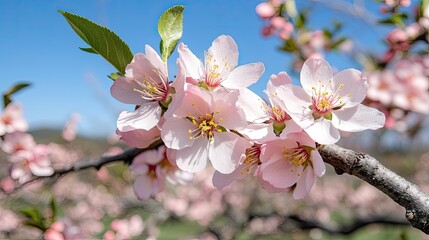 Obraz premium Pink cherry blossoms flourish on a branch, showcasing the beauty of spring against a soft blue sky backdrop.