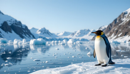 Fototapeta premium Penguin in Pristine Icy Habitat - Icebergs, Snowy Mountains, and Blue Sky - Fascinating Wildlife Image