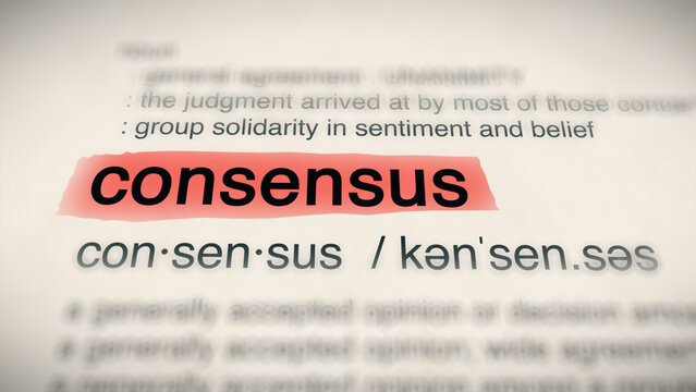 The word "consensus" in a dictionary, showing its definition and meaning