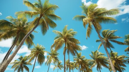 Obraz premium A vibrant scene featuring numerous palm trees majestically rising against a clear blue sky, embodying the essence of tropical paradise and serene beauty.