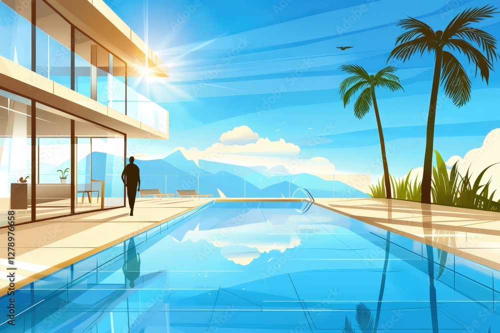 Poster a man walks by a pool with a palm tree in the background