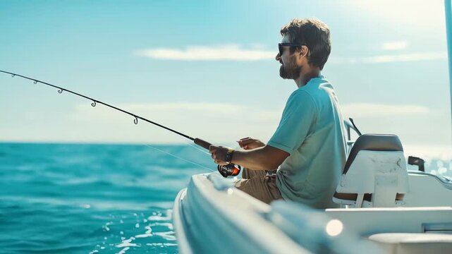 Experienced angler steering compact vessel, fishing peacefully amid sunlit seascape with endless maritime horizon