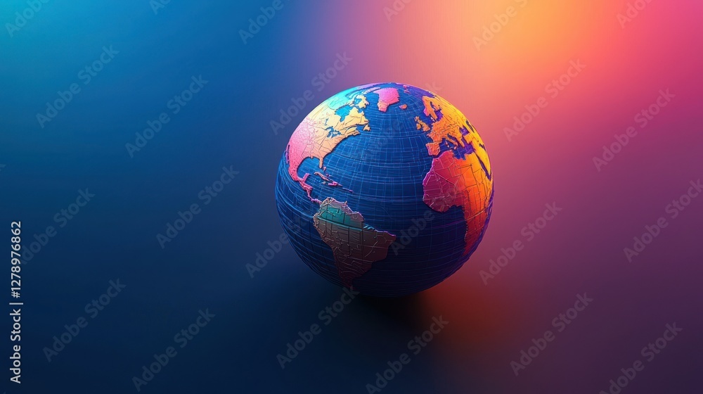 Poster A stylized 3D globe with a colorful map design and a gradient background. 