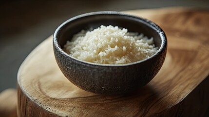A modern food presentation featuring a bowl of cooked white rice on a warm-toned wooden surface.