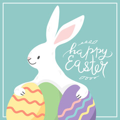 Easter greeting card with a cute Easter Bunny holding painted eggs. Happy Easter Day. Hand drawn vector illustration